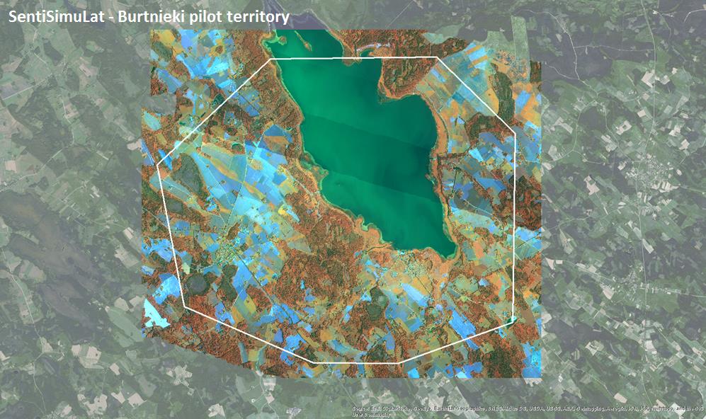 Burntieku novada pilotteritorija neīsto krāsu attēlā, kas izveidots, izmantojot infrasarkano kanālu. Attēls: VRI