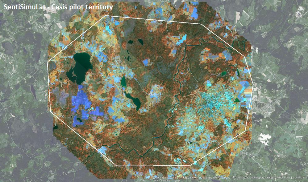 Cēsu novada pilotteritorija neīsto krāsu attēlā, kas izveidots, izmantojot infrasarkano kanālu. Attēls: VRI