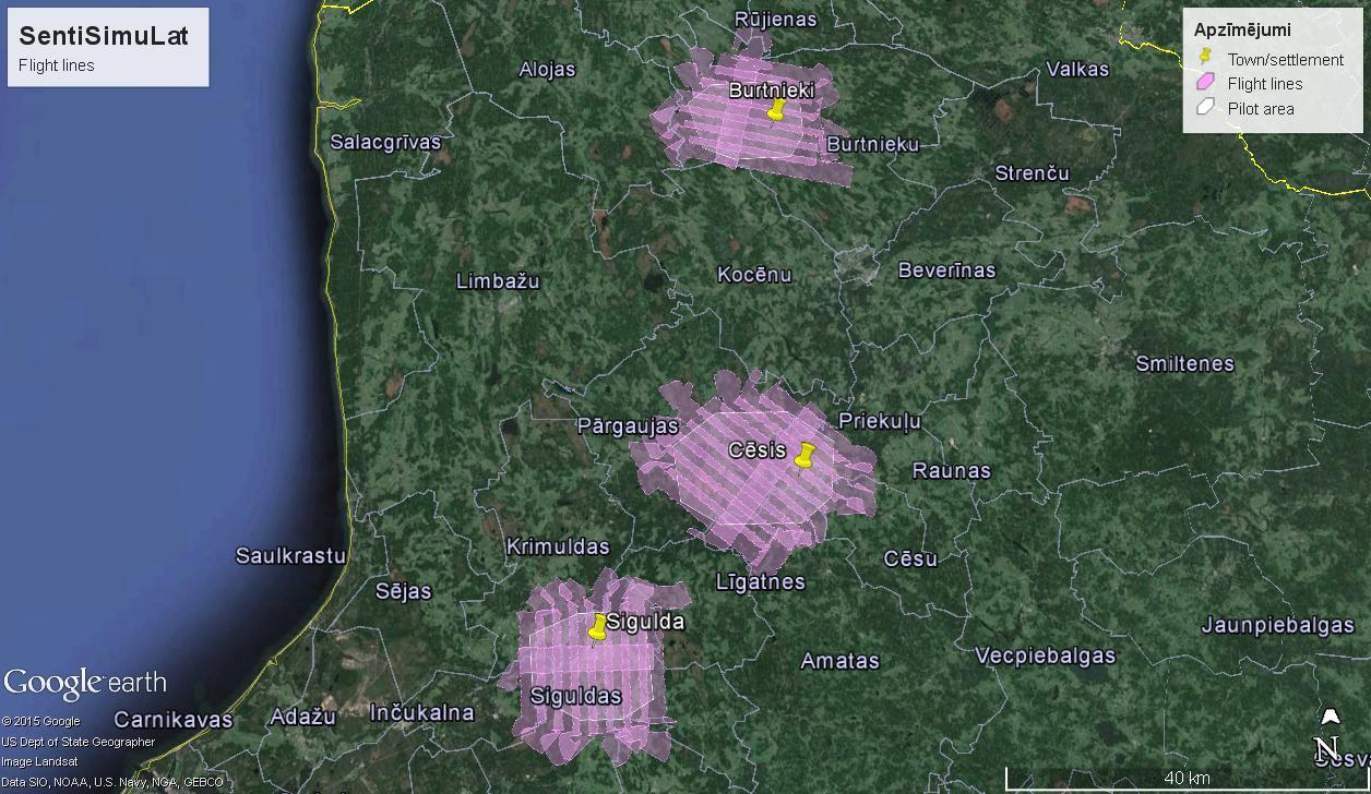 Datu ievākšanas lidojumu līnijas projekta pilotteritorijās - Burtnieku, Cēsu un Siguldas novads. Attēls: VRI