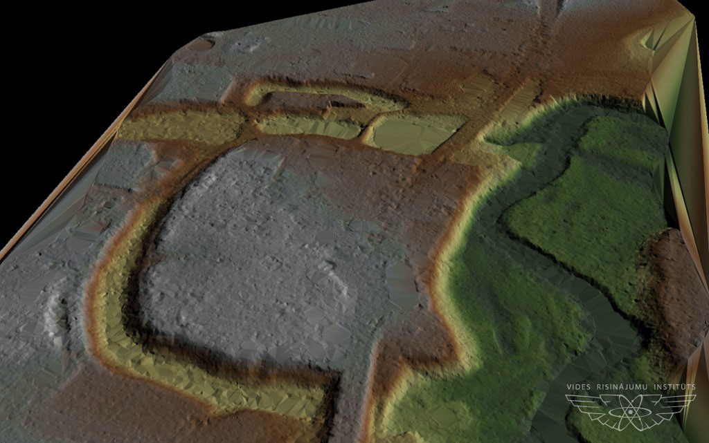 1.attēls. Straupes pilskalns ar aizsardzības grāvi un dīķu sistēmu. Digitālais reljefa modelis (DTM – Digital Terrain Model), reljefs bez veģetācijas.